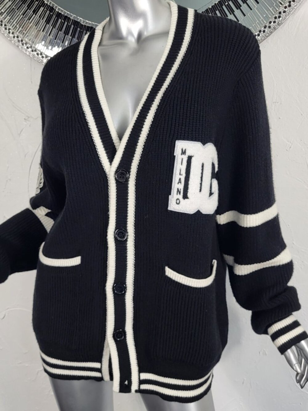 $895~DOLCE & GABBANA~50/XL~BLACK WHITE PATCHES CARDIGAN SWEATER JACKET COAT